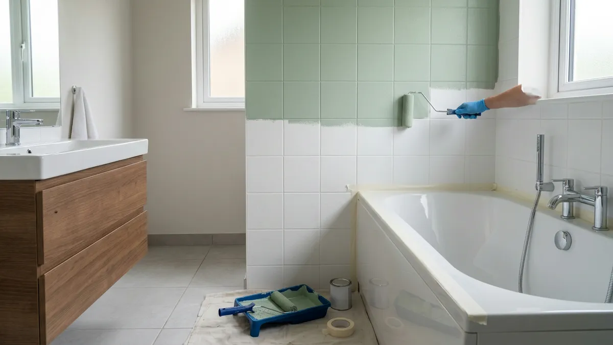 Płytki ceramiczne pomalowane farbą do płytek – detal ściany w łazience