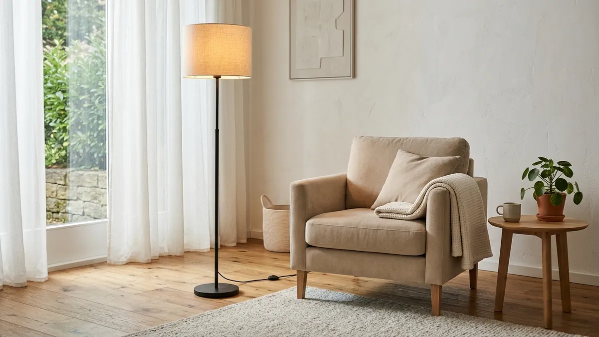Lampa stojąca z tekstylnym abażurem przy beżowym fotelu, stolik pomocniczy i dywan w salonie